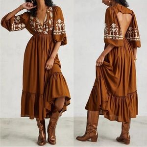 Anthropologie Let Me Be Embroidered Open-Back Midi Maxi Dress Brown Large